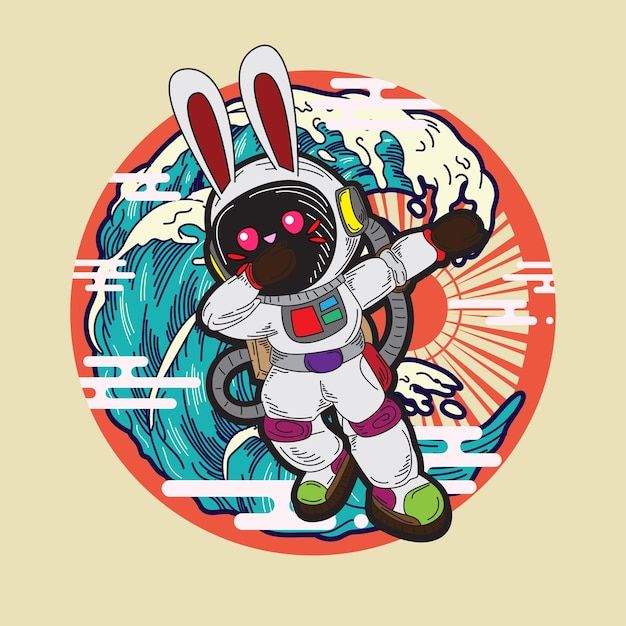 rabbit with astronaut costume illustration for logo, notebook, and background