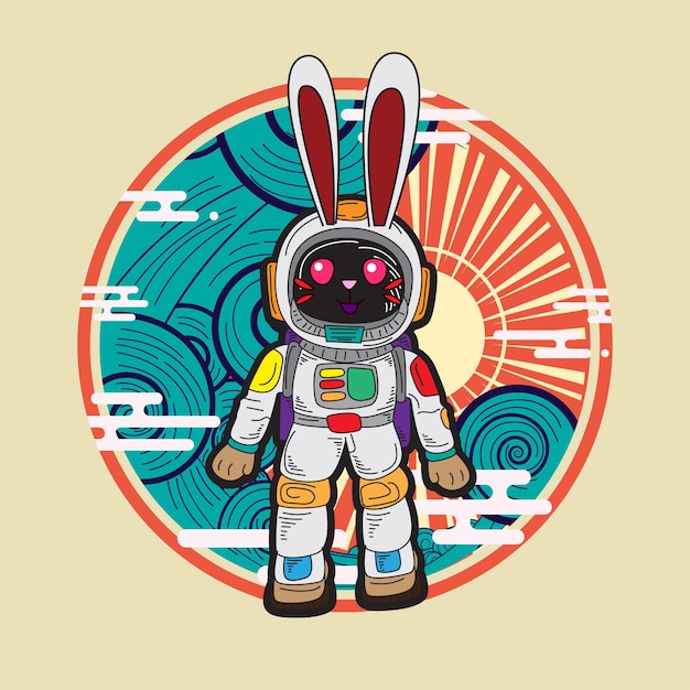 rabbit with astronaut costume illustration for logo, notebook, and background