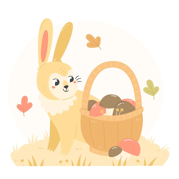 Rabbit with a basket of mushrooms in a flat cartoon style Mushroom picking autumn