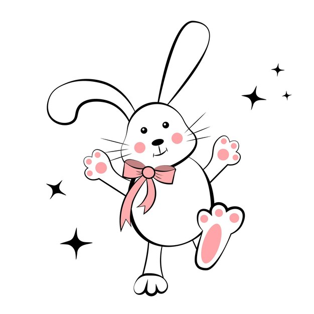 Vector rabbit with bow on white background doodle