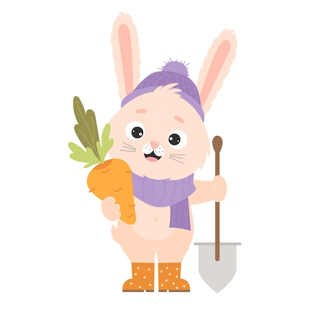 Rabbit with carrot harvest and shovel