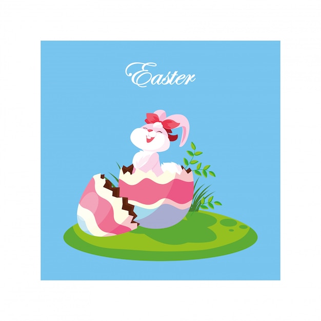 Rabbit with easter label and egg, greeting card