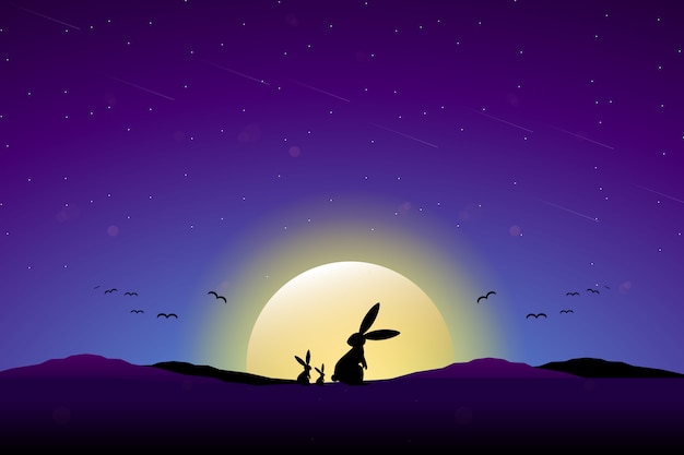 Rabbit with full moon starry night sky