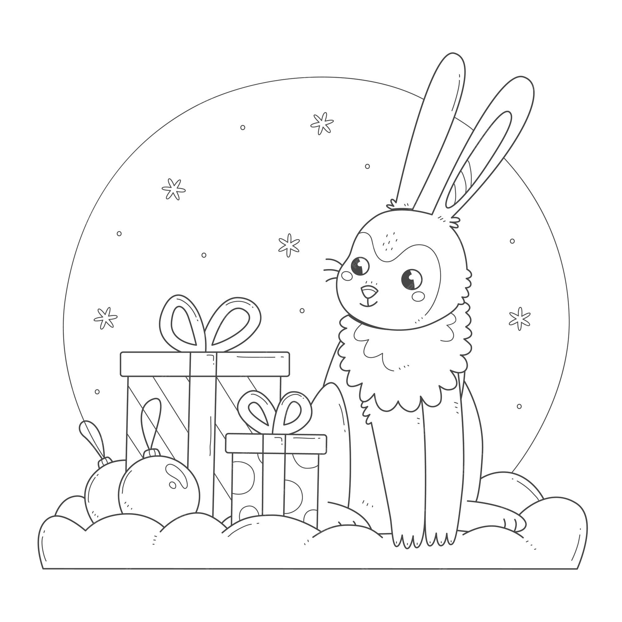 Premium Vector | A rabbit with gifts kids coloring page Bunny character