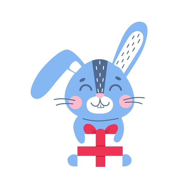 Rabbit with present gift boxWinter symbol of 2023 year New year mascot vetor flat animal character