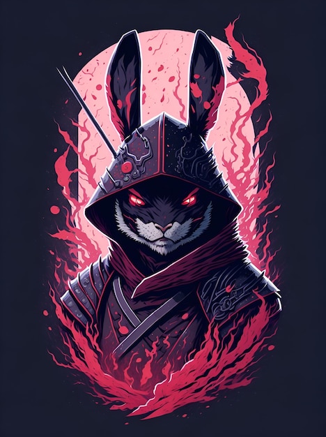 A rabbit with a red face and a black hood stands in front of a red fire.