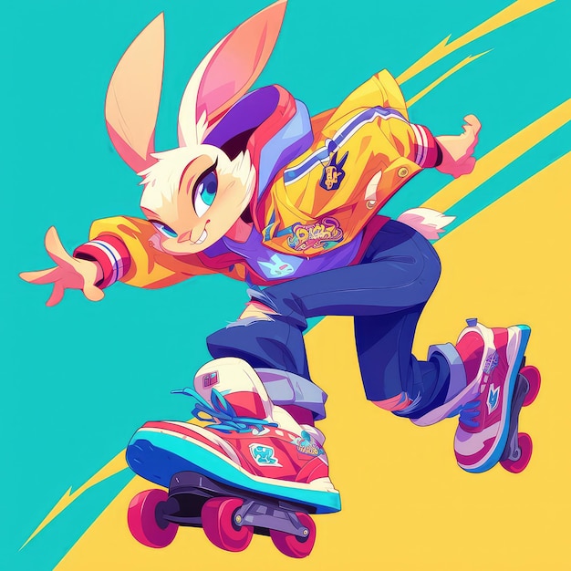 A rabbit with rollerblades cartoon style