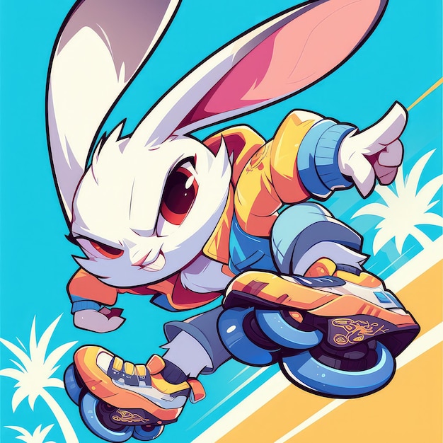 A rabbit with rollerblades cartoon style