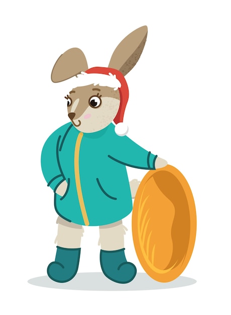 Rabbit with a sled Cute rabbit in winter Christmas and New Year Vector illustration