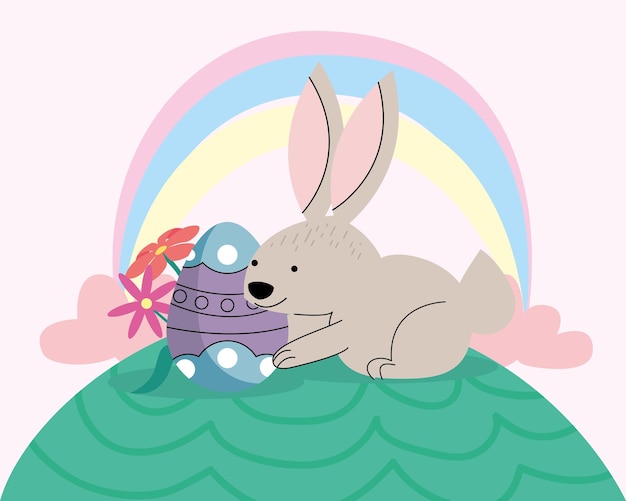 Rabbit with spring egg and rainbow