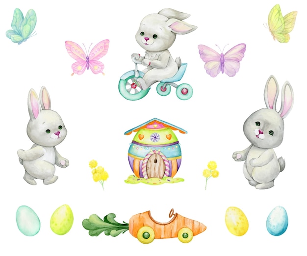 Кролики, велосипед, пасхальные яйца, бабочки, дом, автомобиль, завод акварельный набор элементов, в мультяшном стиле, на изолированном фоне, к празднику, пасхе.