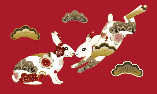 Rabbits character design with beautiful blossom flowers for Mid Autumn Festival or Chinese New Year.