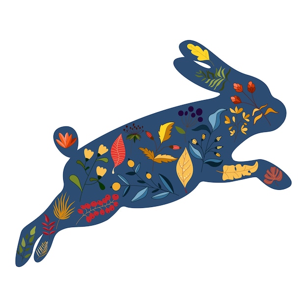 Disegno del personaggio dei conigli con bellissimi fiori in fiore per il festival d'autunno di pasqua di primavera o capodanno cinese 2023 anno del segno zodiacale del coniglio illustrazione vettoriale