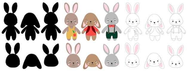 Rabbits collection cartoon on white background isolated vector