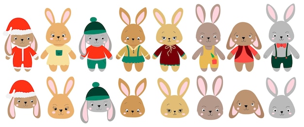 Rabbits collection hares set cartoon on white background isolated vector