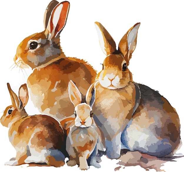 Rabbits drawn with watercolor, Rabbit family, vector, illustrator