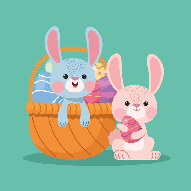 Rabbits and eggs in basket