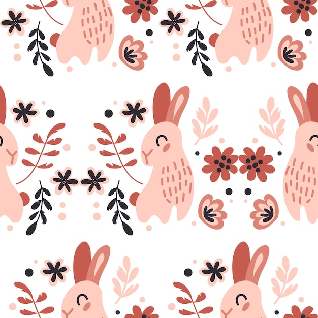 кролики в цветах и листьях Народный орнамент в пастельных тонах Бесшовный узор