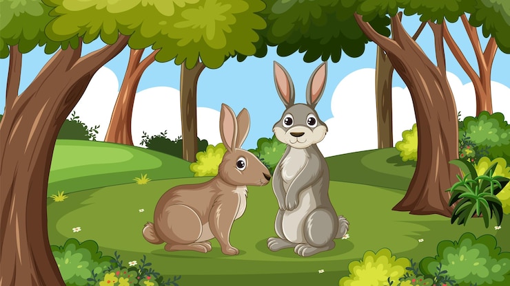 Vector rabbits in a forest clearing