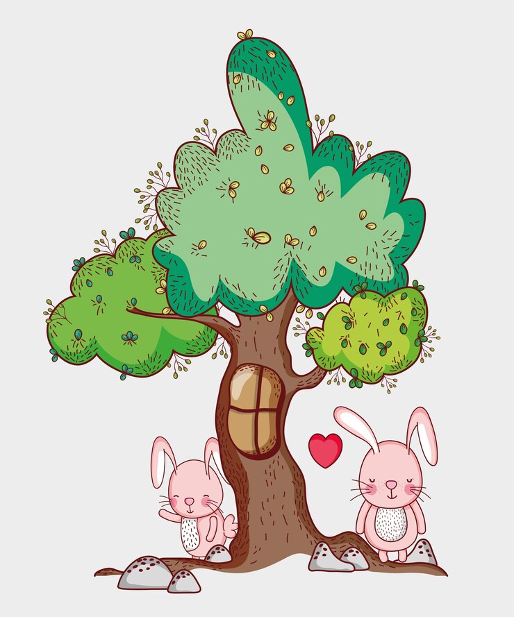 Vector rabbits in the forest doodle cartoons