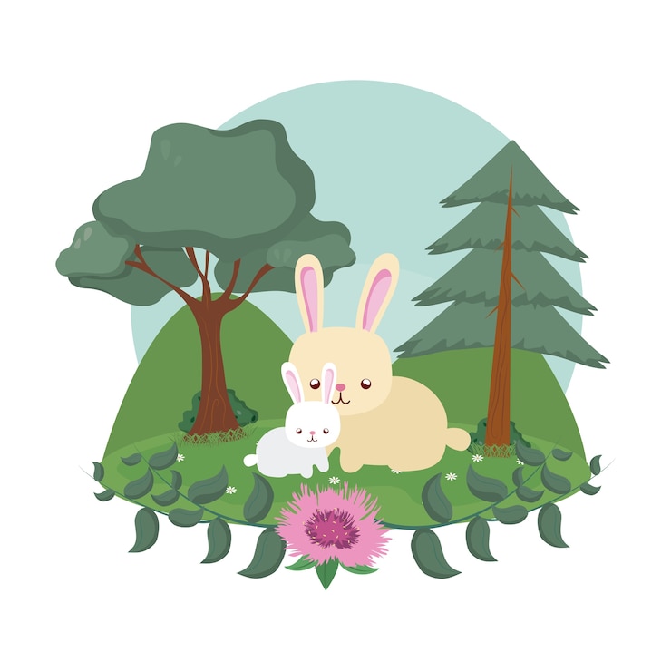 Vector rabbits at forest isolated image 