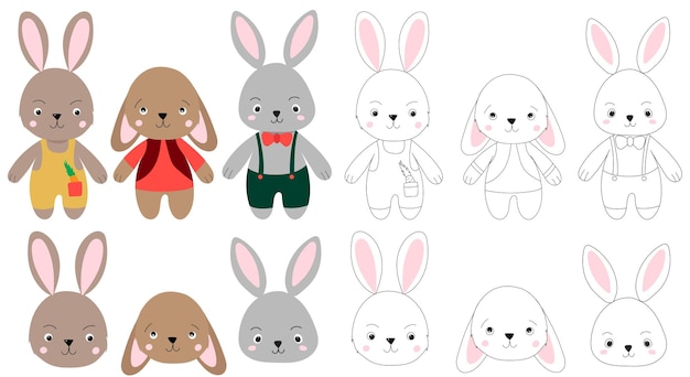 Rabbits hares cartoon characters set on white background isolated vector