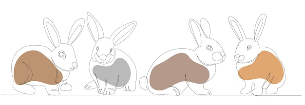 Rabbits hares outline drawing in one continuous line isolated vector