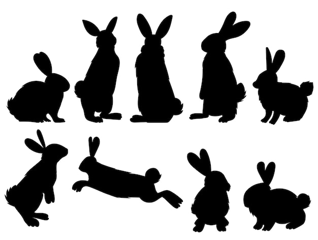Rabbits hares set silhouette on white background isolated