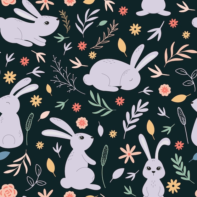 Rabbits in herbs and flowers seamless pattern. Cute baby background with hares. Rabbit print