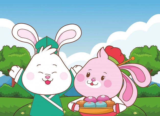 Rabbits in mid autumn festival cartoons