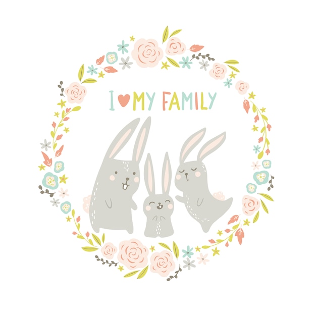 Rabbits in a round floral frame. cute animals in hand-drawn scandinavian style.