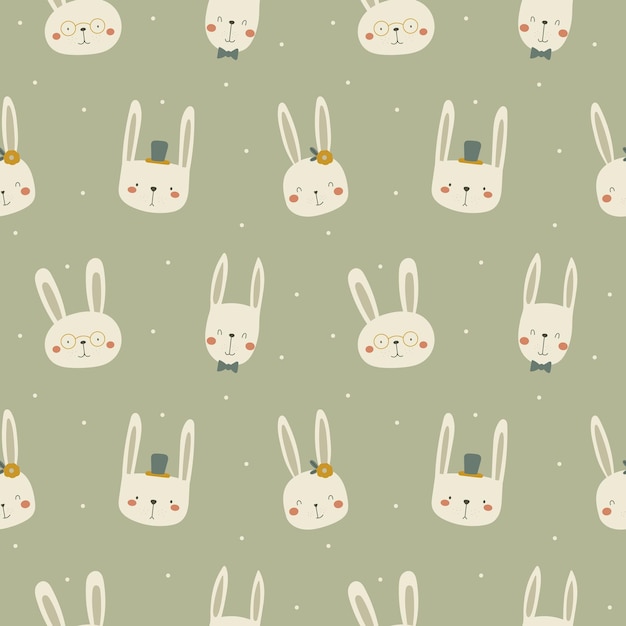 Vector rabbits seamless pattern colorful handdrawn rabbits in simple kids cartoon style