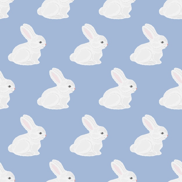 Rabbits seamless pattern with the image of white rabbits hares with white fur rabbit pattern for print and packaging on a blue background vector illustration