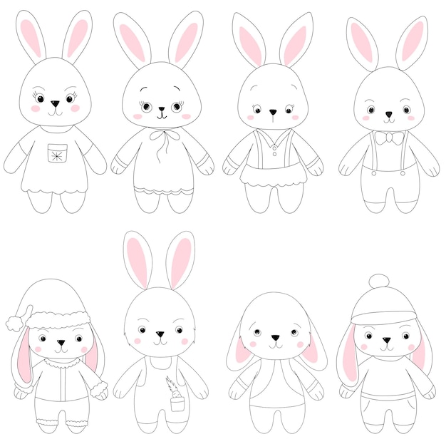 Rabbits set sketch outline icon isolated vector