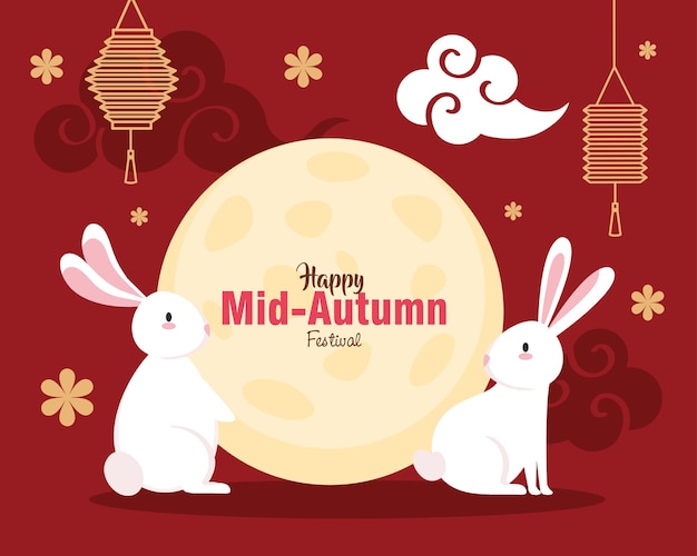 Rabbits with moon lanterns and clouds design, happy mid autumn harvest festival oriental chinese and celebration theme