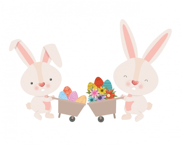 Rabbits with wheelbarrow and easter egg icon