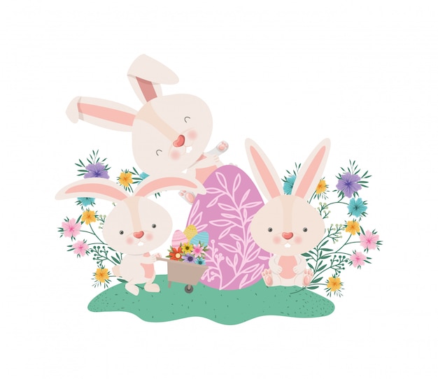 Rabbits with wheelbarrow and easter eggs icon