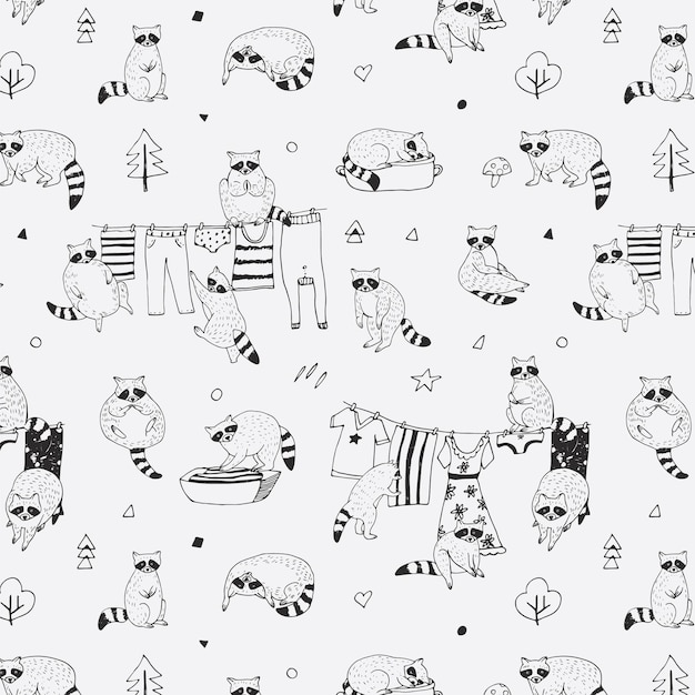 Raccoon animal vector seamless pattern