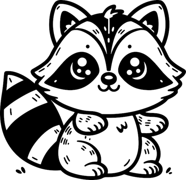 Raccoon black outline children coloring book illustration