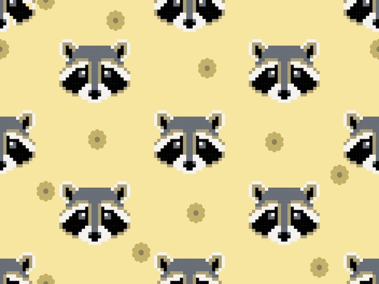 Vector raccoon cartoon character seamless pattern on yellow background pixel style