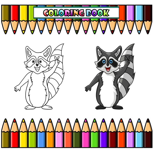 Vector raccoon cartoon wave hands for coloring book