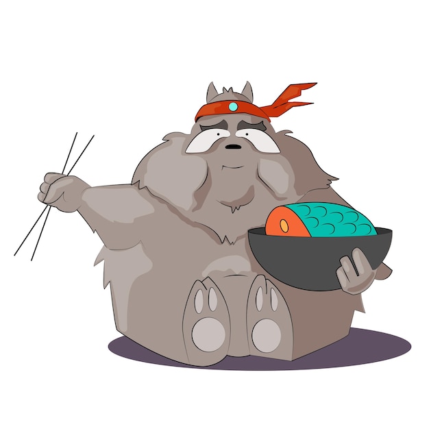 raccoon eating fish illustration vector graphics