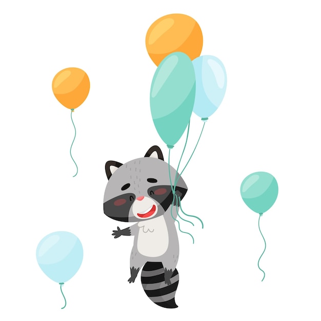 The raccoon flies on balloons in the sky Balloons are flying around Drawn in cartoon style