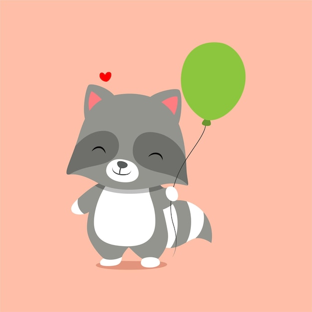 Raccoon holding green balloons and standing with his foot