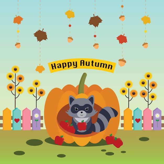 Vector raccoon in pumpkin house