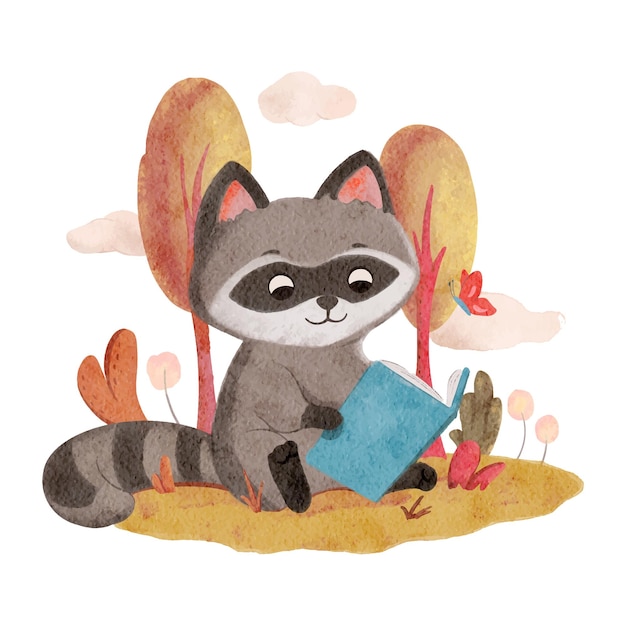 Raccoon Read A Book Illustration