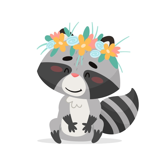 Raccoon sits with a wreath of flowers Drawn in cartoon style Isolated on white background