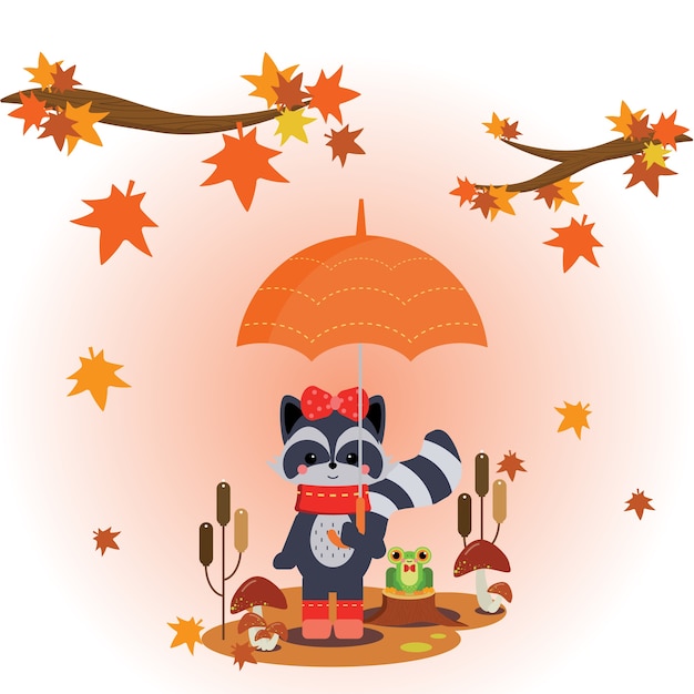 Vector raccoon standing under umbrella