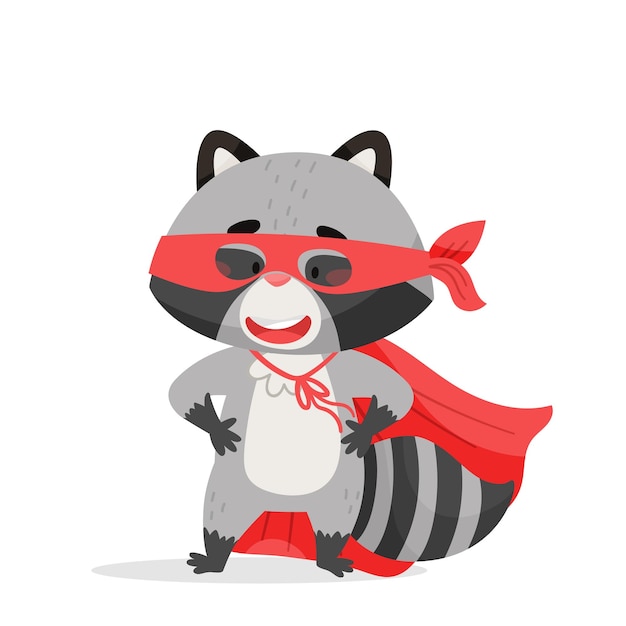 a raccoon stands in a red superhero costume with a mask and a mantle drawn in cartoon style
