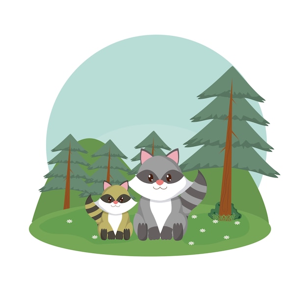 Raccoons family at forest isolated image